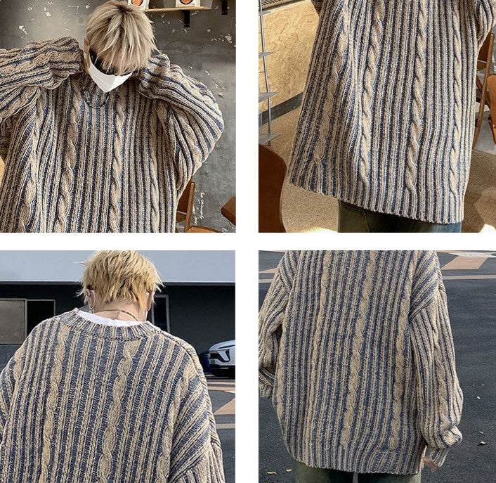 Striped Retro American Loose Round Neck Sweater