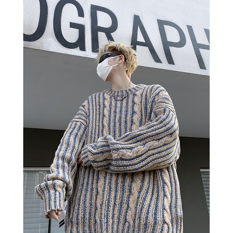 Striped Retro American Loose Round Neck Sweater