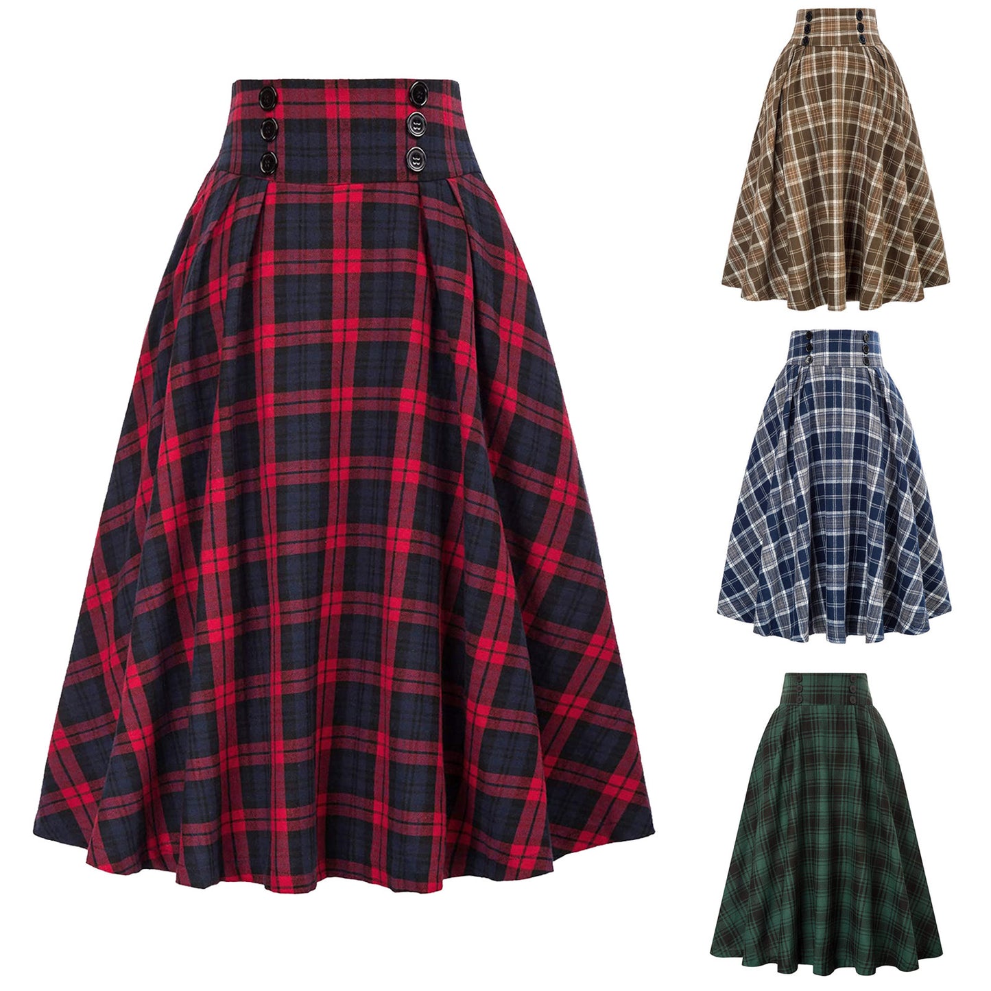 High Waist Plaid Big Hem Skirt Fall Winter Plaid Elastic Waist A- Line Skirt