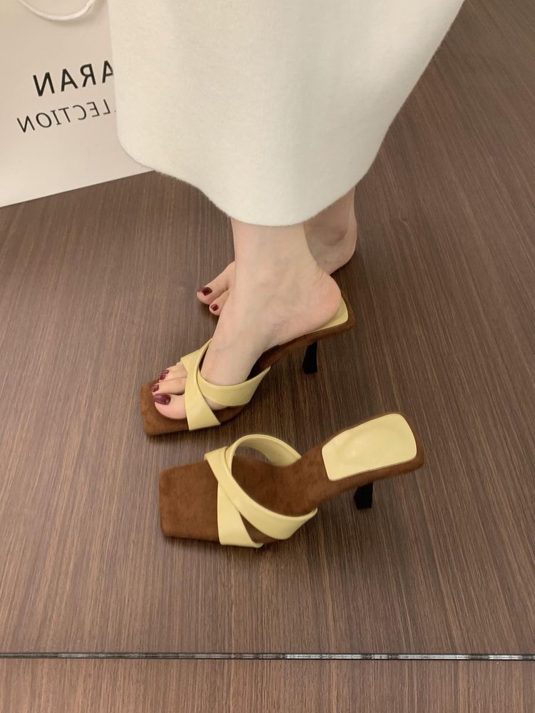 2025 Summer Women's Fashion Square Toe High Heel Slide Sandals, Elegant Large Size Cross Strap Thin Heel Slip On Slippers