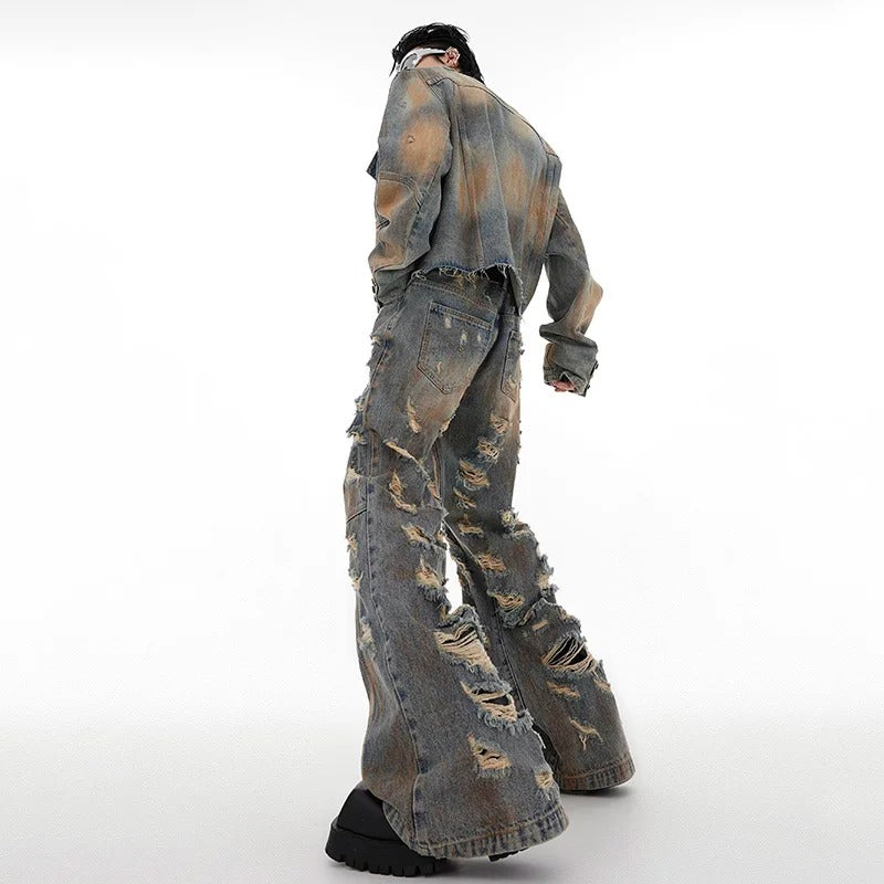 Damaged Denim Coat Distressed Jacket Slightly Flared Jeans
