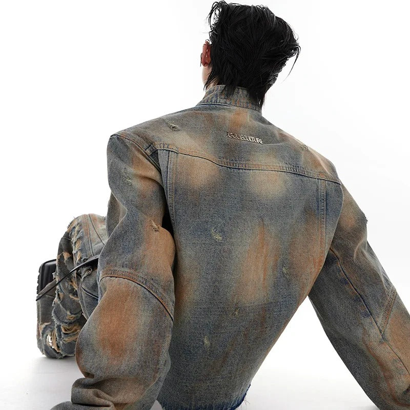 Damaged Denim Coat Distressed Jacket Slightly Flared Jeans