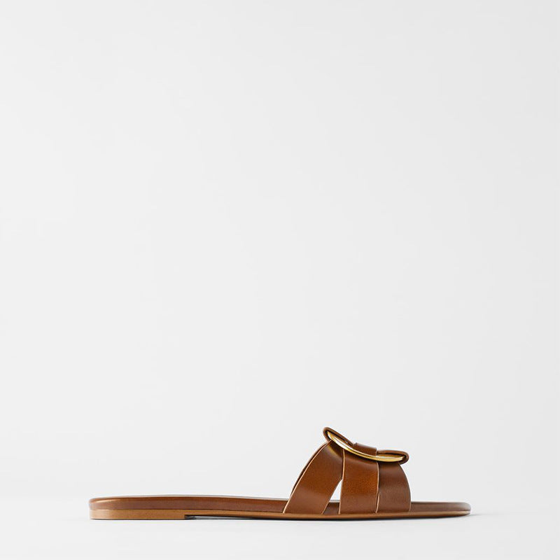 Cow leather sandals and slippers with square toe metal buckle