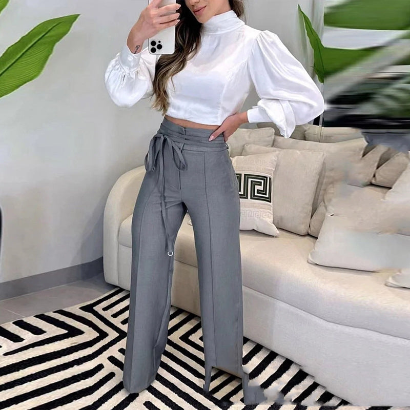 Gray High Waist Lace-up Leisure Commute Suit Pants
