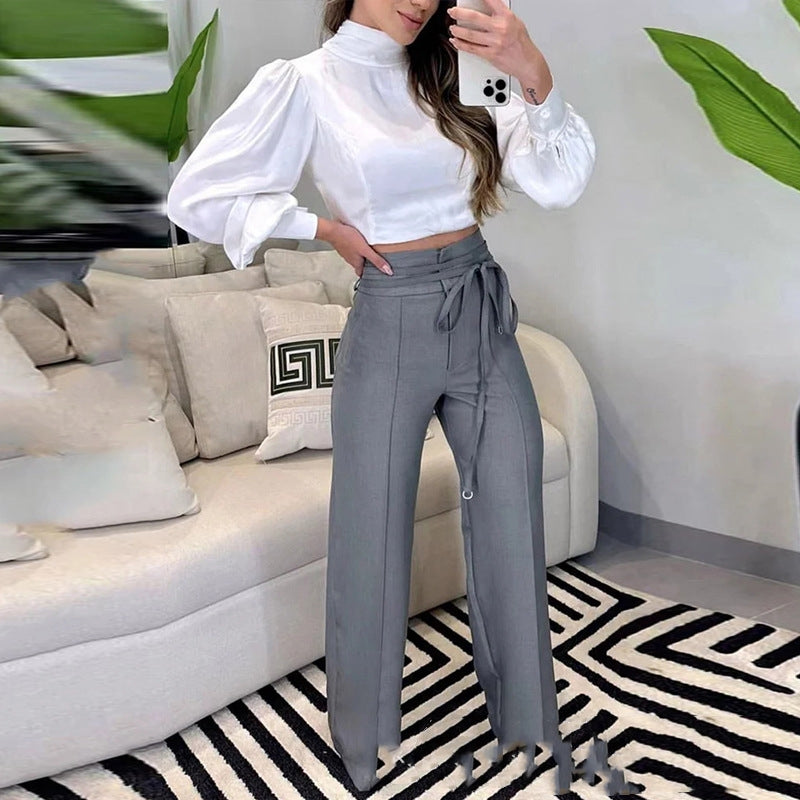 Gray High Waist Lace-up Leisure Commute Suit Pants