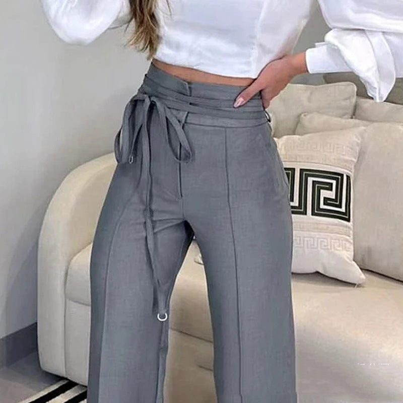 Gray High Waist Lace-up Leisure Commute Suit Pants