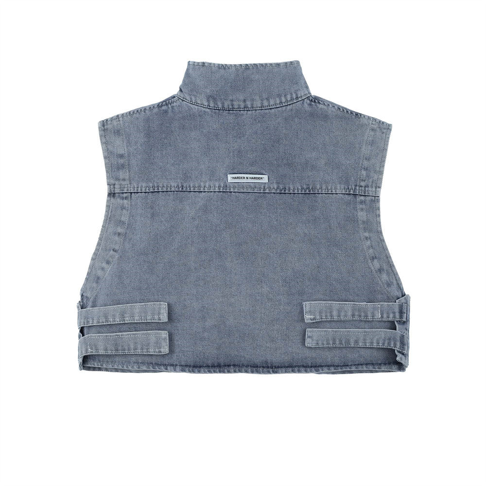 Short Hollow-out Denim Stand Collar Vest Men's Workwear Sleeveless Vest