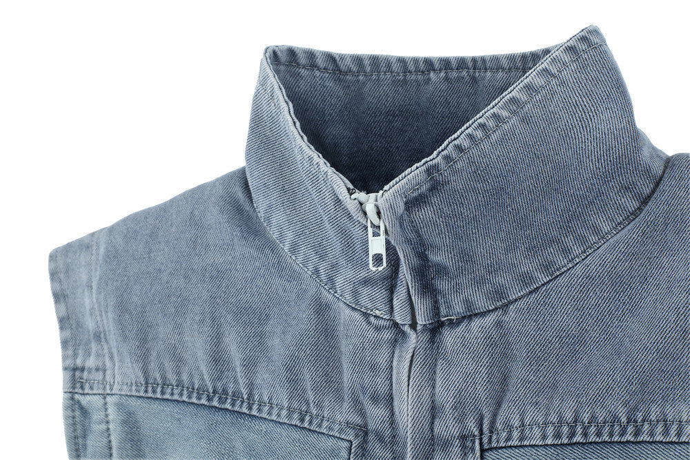 Short Hollow-out Denim Stand Collar Vest Men's Workwear Sleeveless Vest