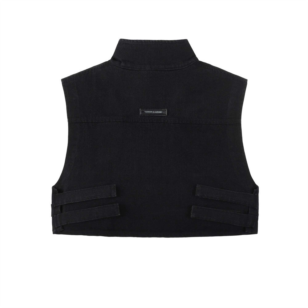 Short Hollow-out Denim Stand Collar Vest Men's Workwear Sleeveless Vest