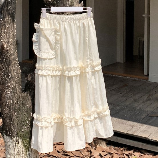 Sweet Elastic High Waist Slimming Wooden Ear Cake Dress Autumn Ruffled Skirt