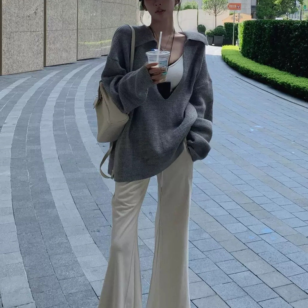 Autumn Lazy Atmosphere Gray Large V-neck Long Sleeve Knitted Sweater For Women