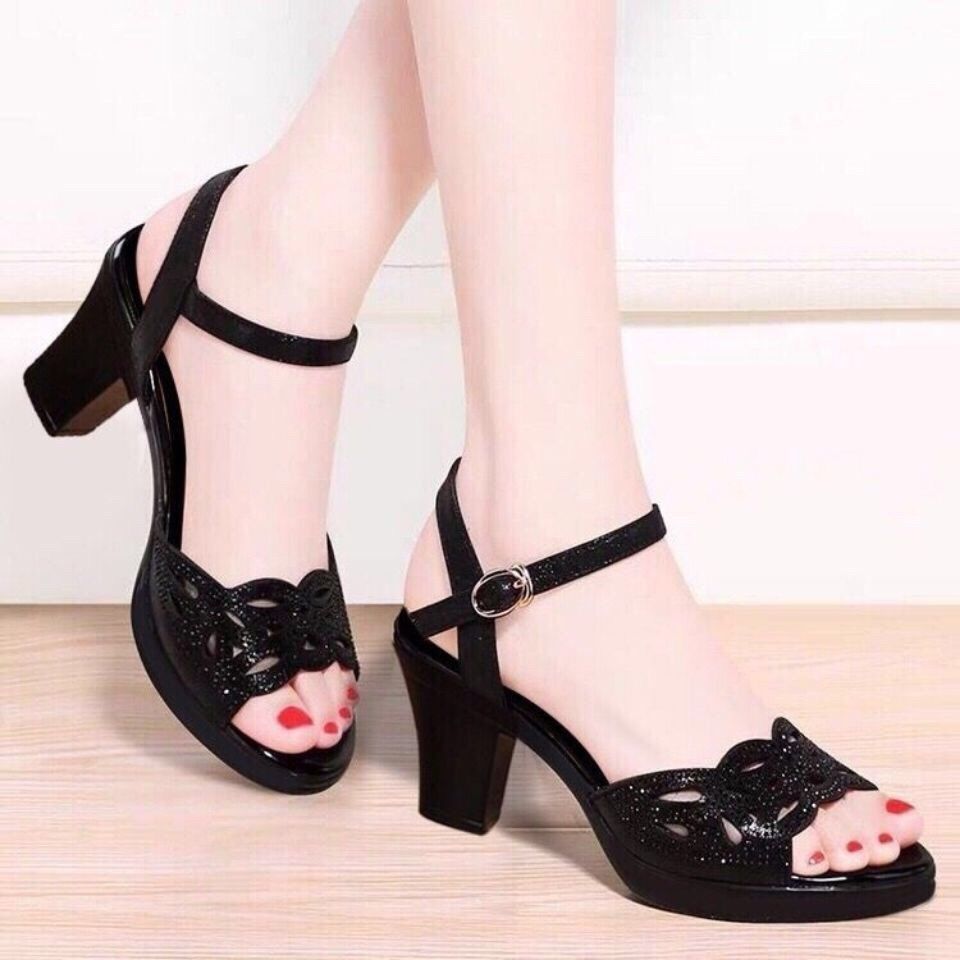 Middle Heel Fish Mouth Soft Sole Mother Shoes Diamond High