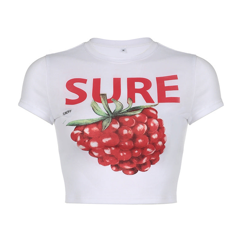 Women's Sweet And Spicy Retro Strawberry Printed Crew Neck Top T-shirt