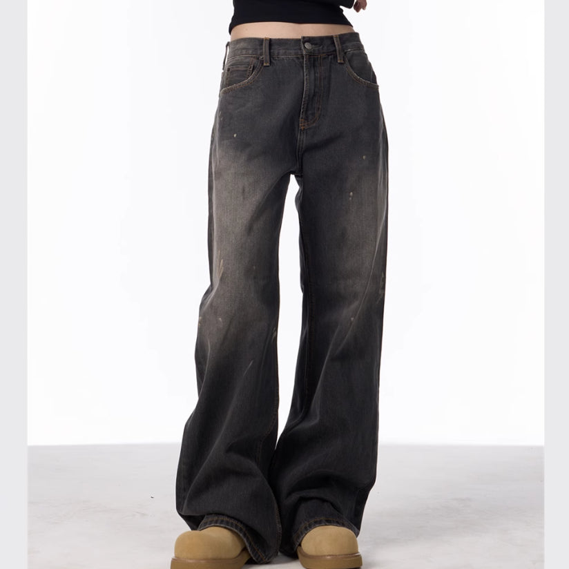 Retro Washed Splash-ink Straight Jeans For Women Loose Straight Trousers