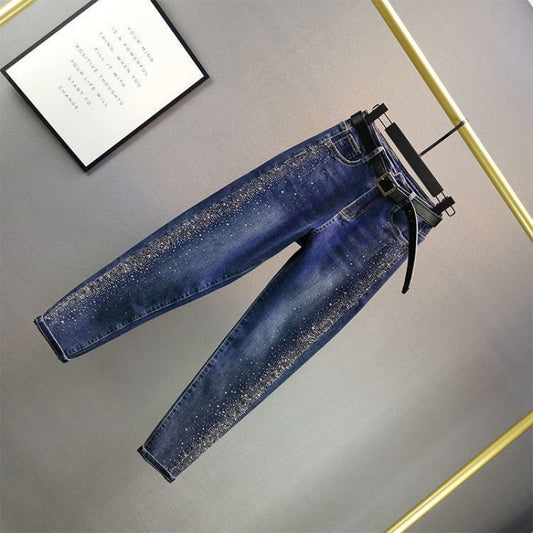 Cotton Elastic Slimming High-waisted Slimming Heavy-duty Hot-drilled Pencil Pants