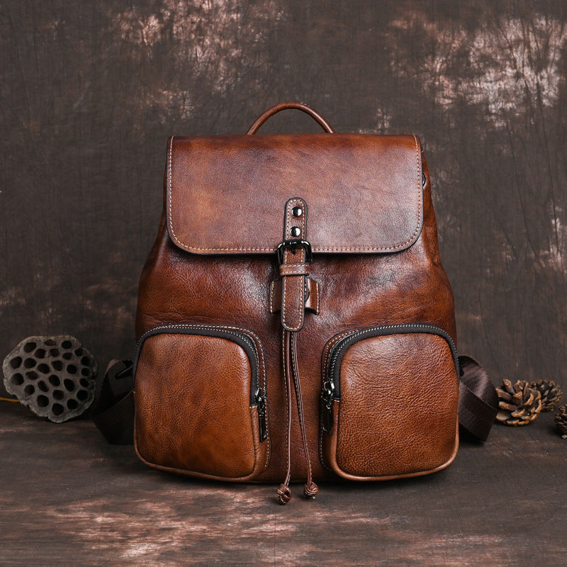 Large Capacity Neutral Backpack Cowhide Retro Color Rubbing Bag
