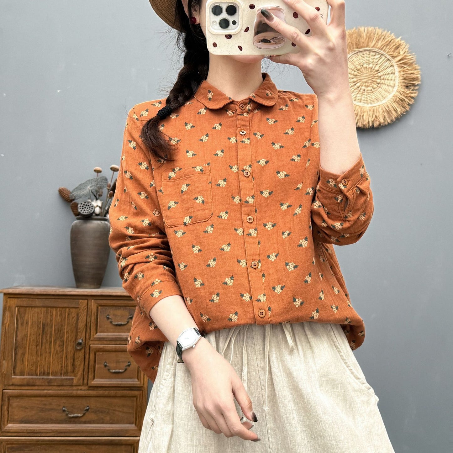 Retro Floral Cotton And Linen Blouse For Women