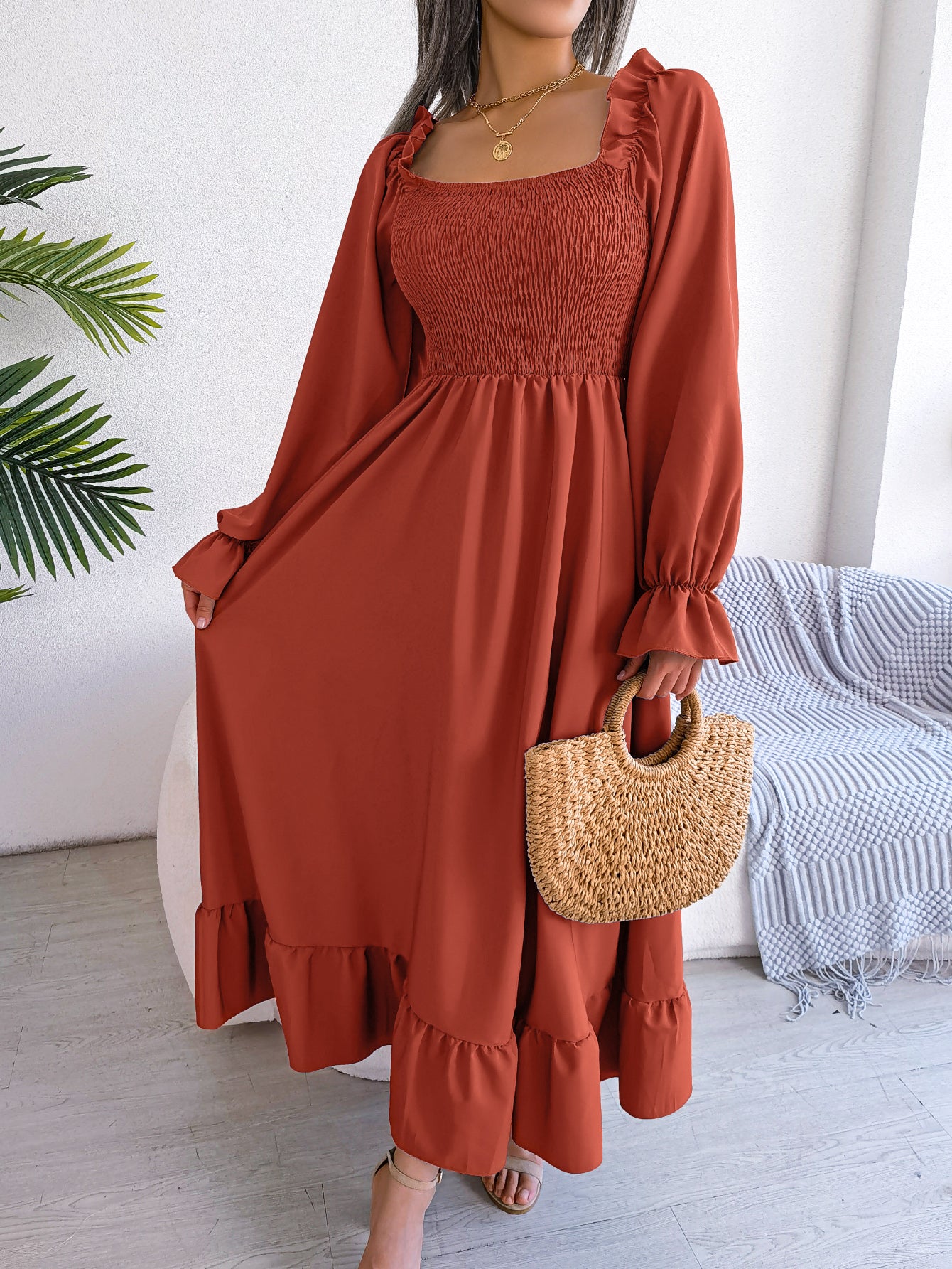 Women's Casual Square Neck Bell Sleeve Flowy Ruffle Maxi Dress