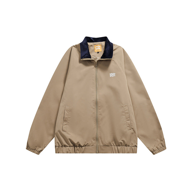 Men's Solid Color Simple Letter Printing Lapel Jacket Trendy Campus Youth Coat