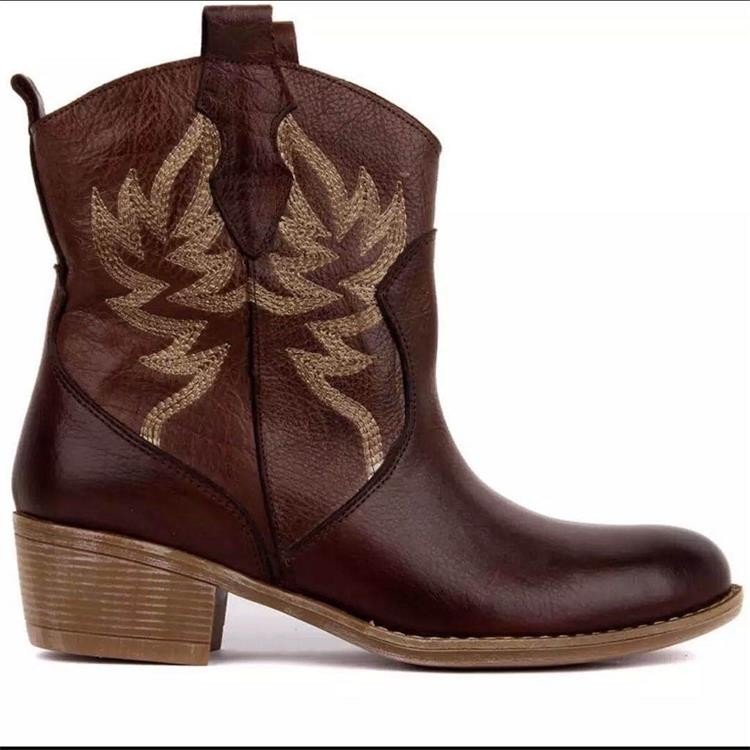 Embroidered Short Barrel Wood Heel Middle Heel Martin Boots