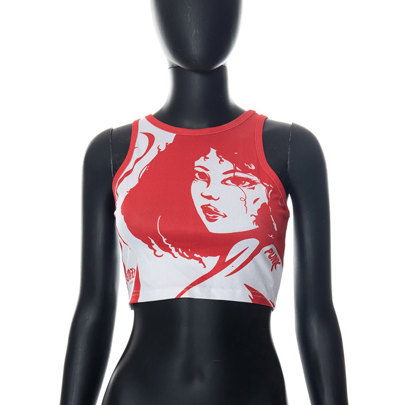 Sleeveless Portrait Print Open-cord European And American Women's Tops Undershirt