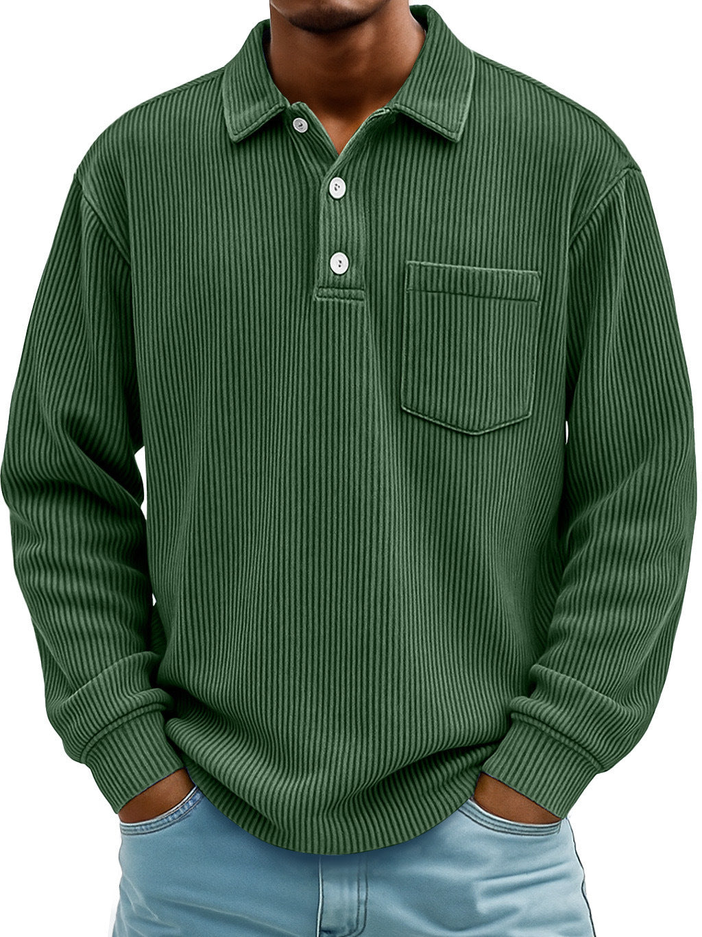Mens Long-sleeve Polo Shirt Casual Corduroy-striped Top