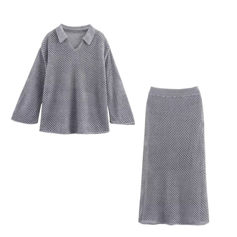 Hollow Long Sleeve Knitted Skirt Suit
