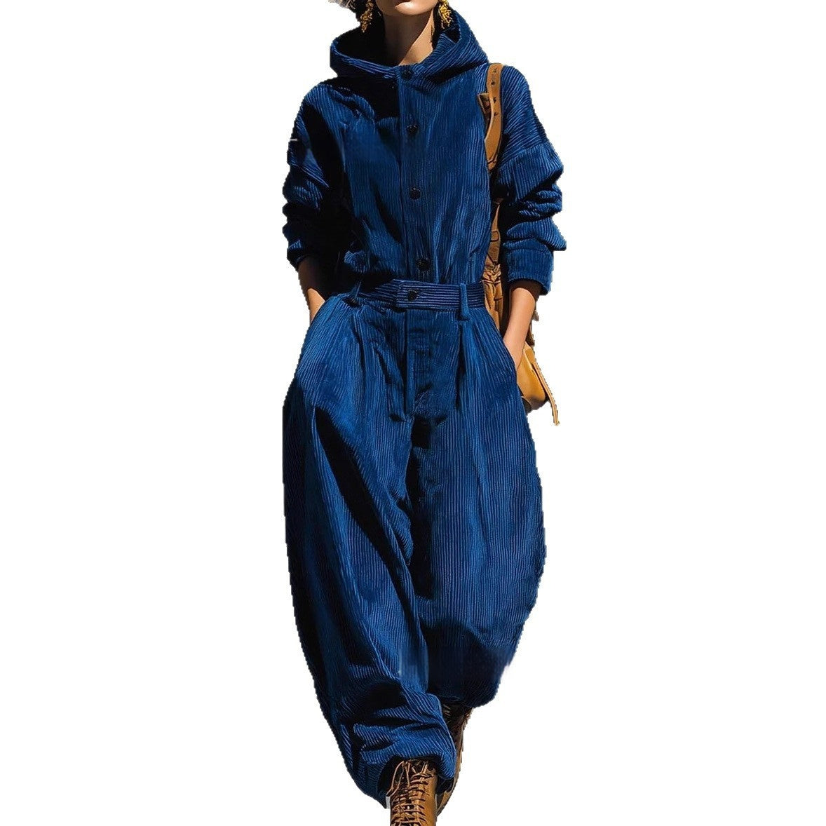 Blue Corduroy Hooded Top And Wide-leg Pants Set