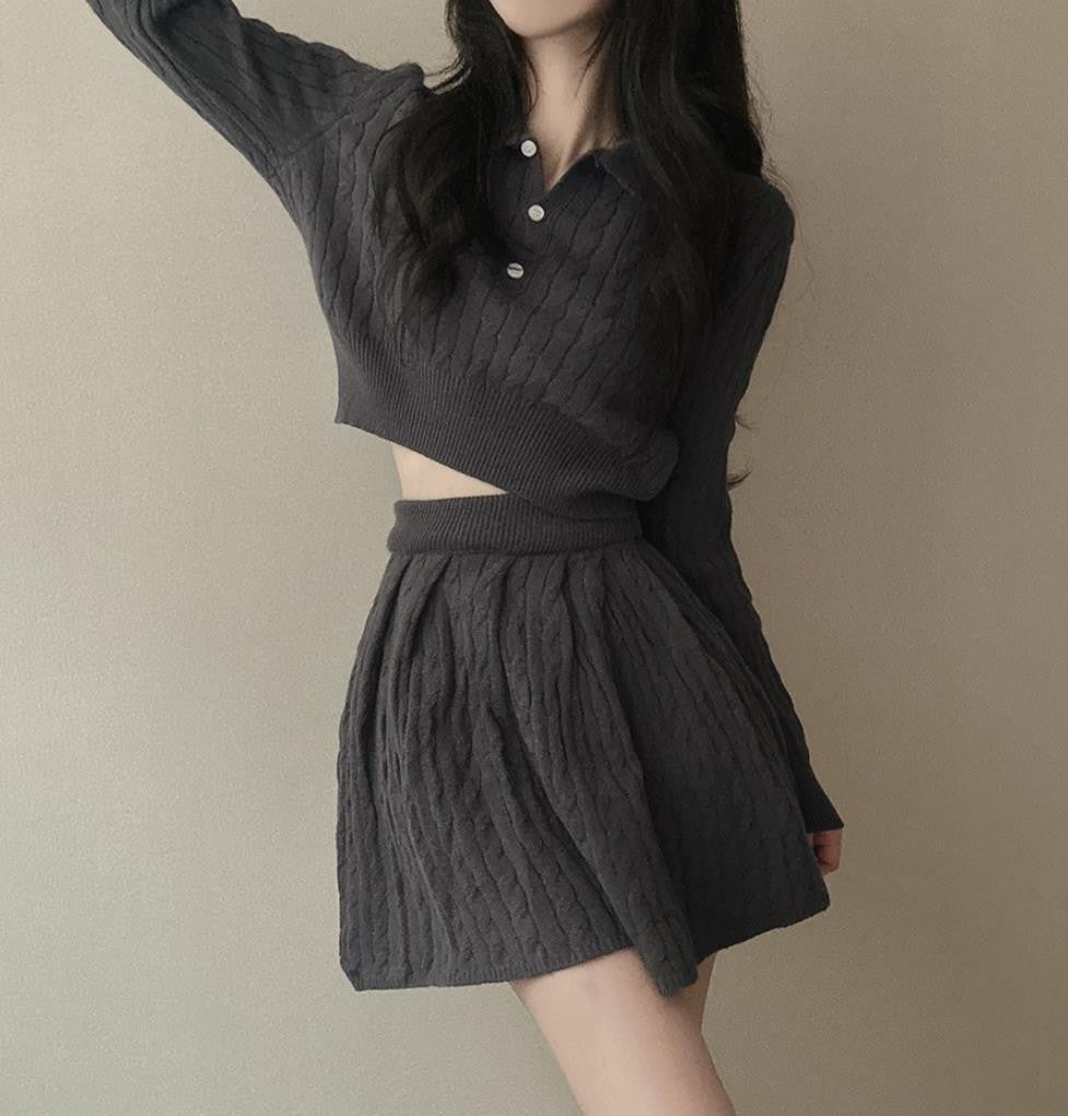Cute Knitted Sweater Pleated Skirt Slimming Slim Fit Suit