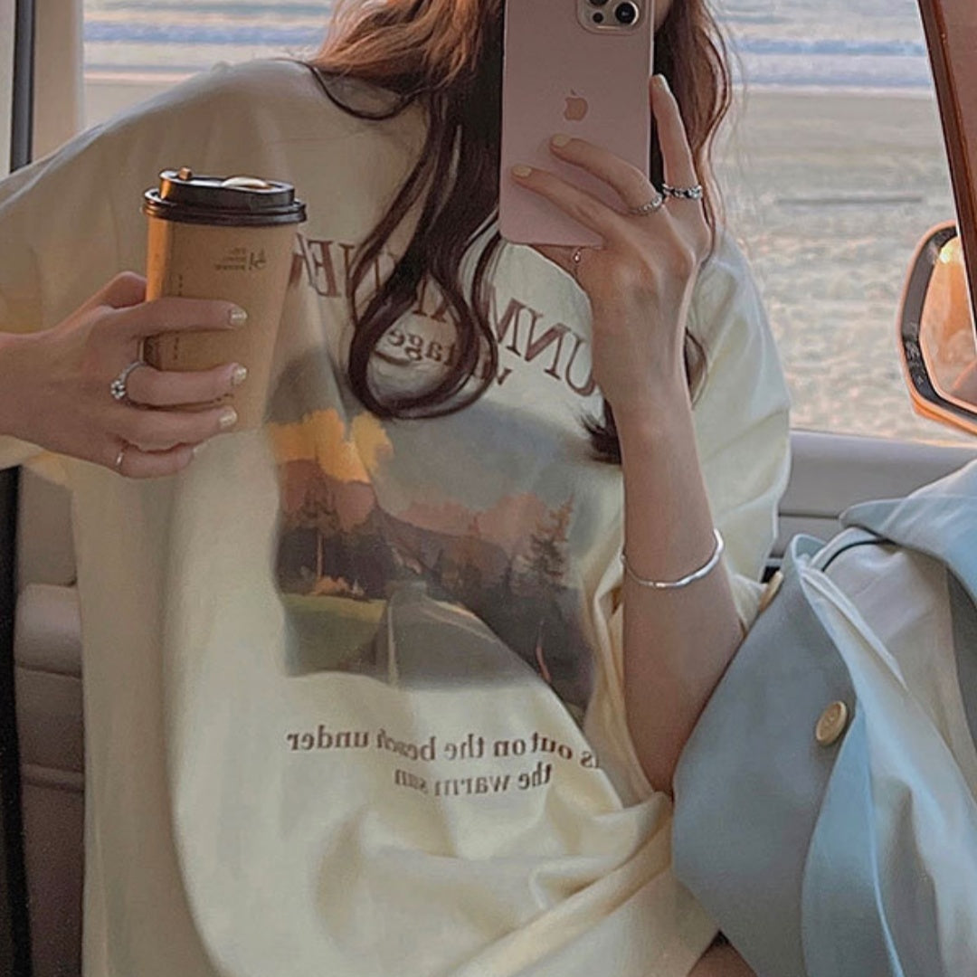 Retro Short Sleeve T-shirt Women's Casual Loose Mid-length Top