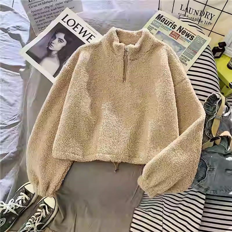 Women's Half Turtleneck Fleece-lined Thick Lambskin Sweater
