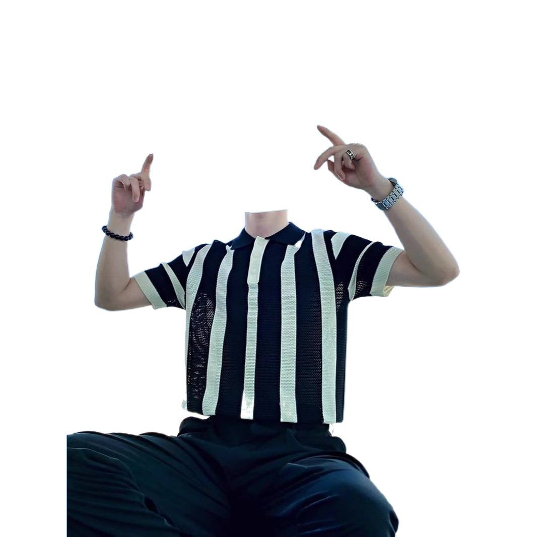 Mens Striped Knitted Polo Shirt With A Cool Edgy Turn-Down Collar