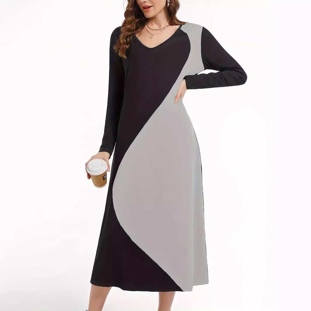 Color-Block Patchwork V-Neck T-Shirt Long-Sleeve Dress