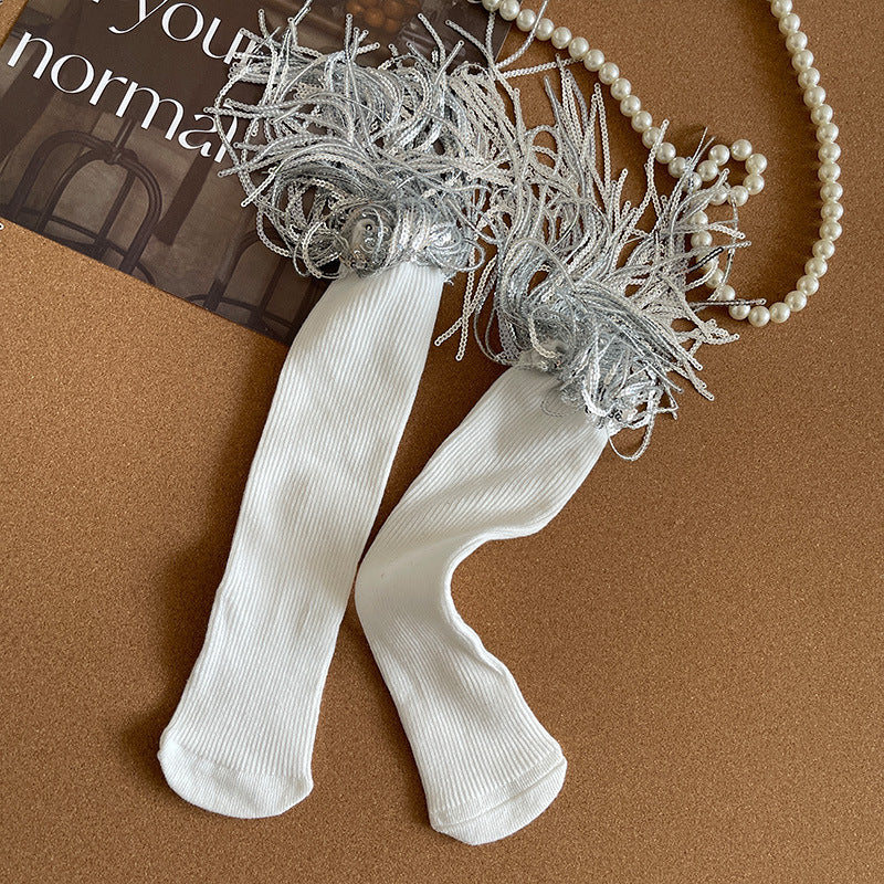 Girls Sequins Tassel Calf Socks