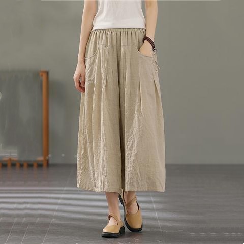Retro Buckle Casual Thin Cotton And Linen Cropped Wide-leg Pants For Women