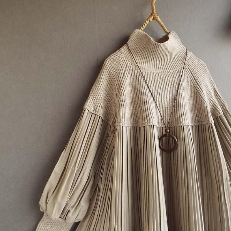 Women's Knitted Patchwork Turtleneck Top With Puff Sleeves