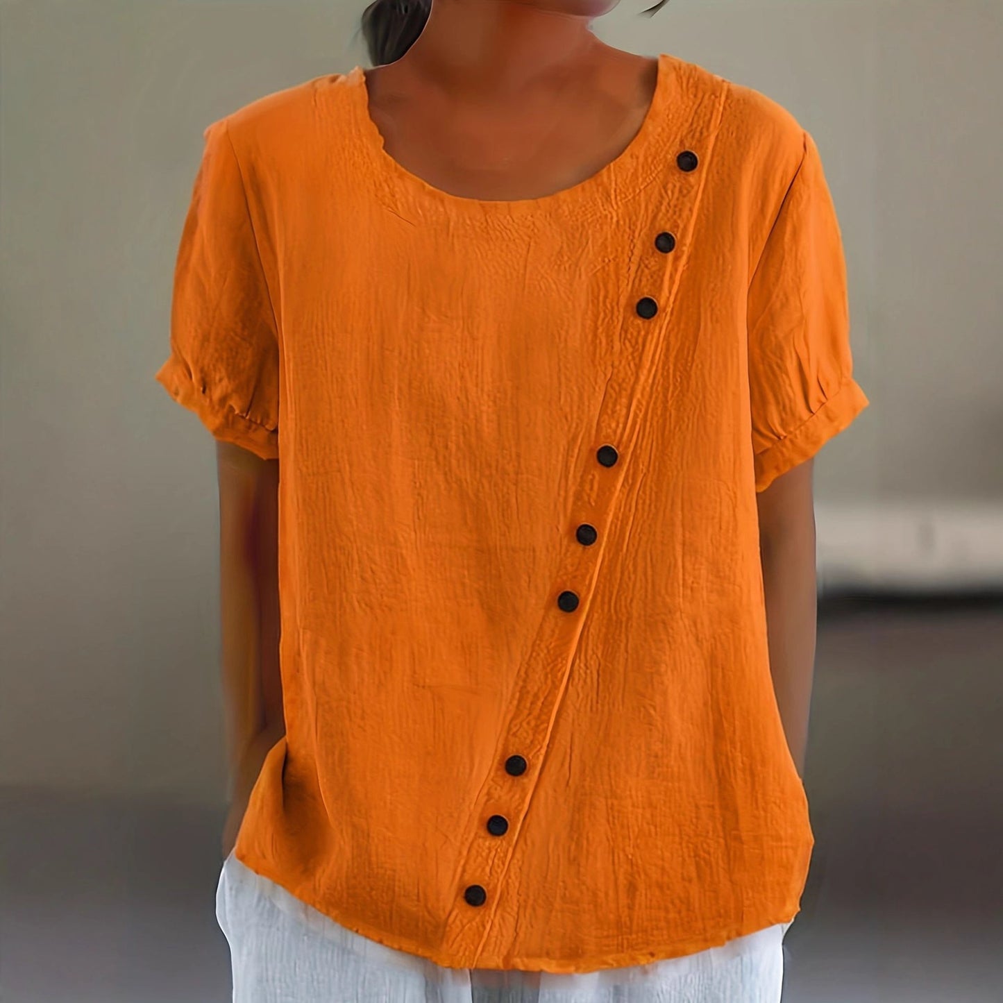 Womens Retro Cotton-Linen Short-Sleeve Shirt