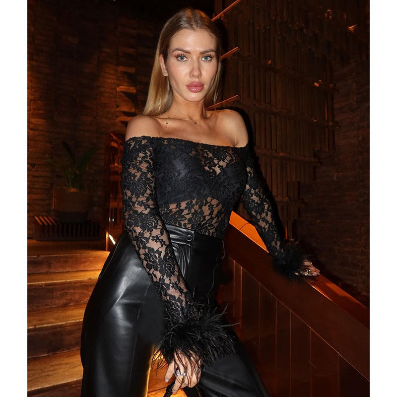Autumn Women's Lace Feather Long-sleeved Top