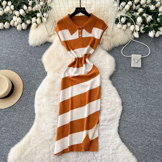 Niche Vintage-style Fashion Polo-neck Short-sleeve Contrast-striped Knit Dress