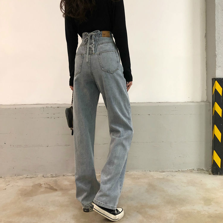 Loose Retro High-waist Strap Straight Wide-leg Jeans