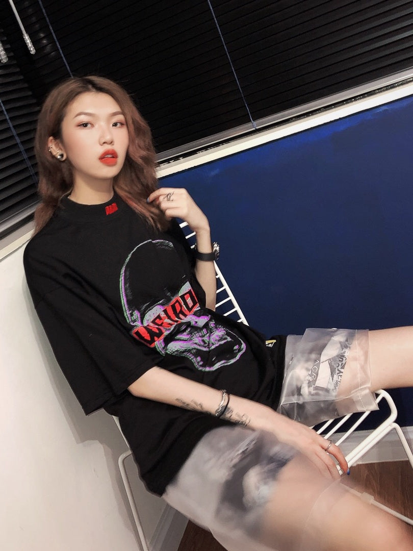summer European and American street grotesque stitching transparent fake two shorts hip hop handsome wide leg five pants