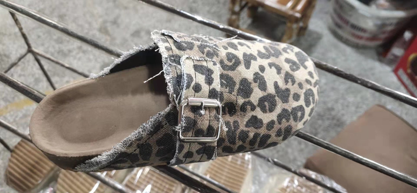 Independent Station Cross-border Oversized Shoes Women's Spring And Autumn European And American New Leopard Print Semi Slippers Shoes Lazy Shoes Peas Shoes