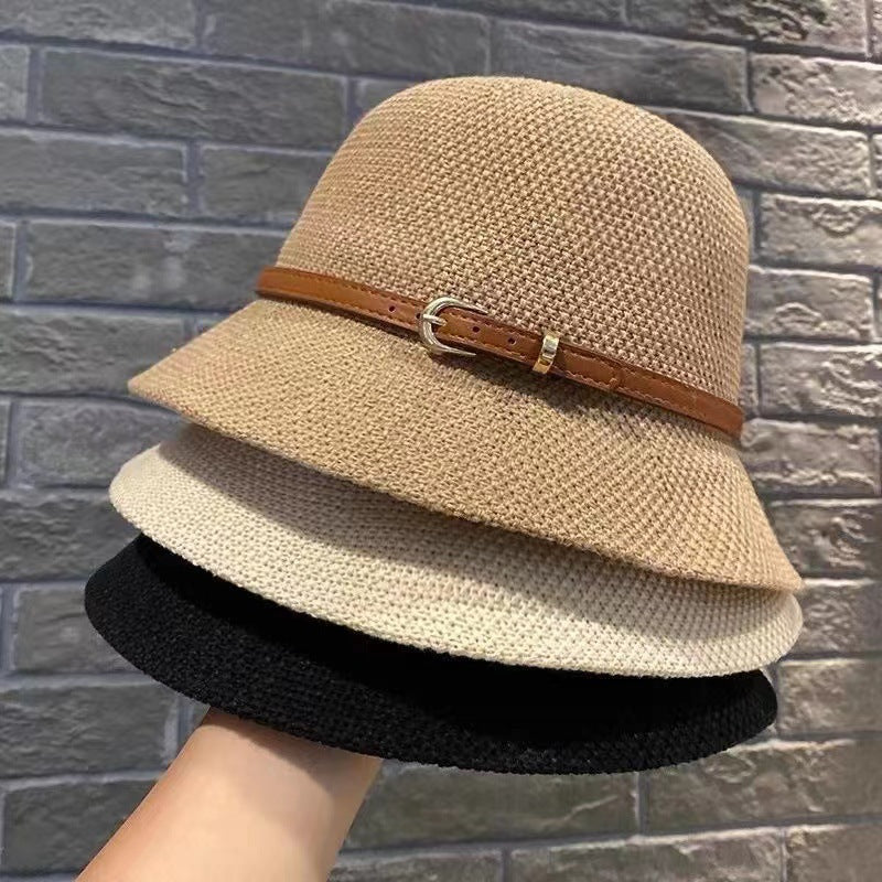 Western Style Leather Buckle Bucket Hat Foldable