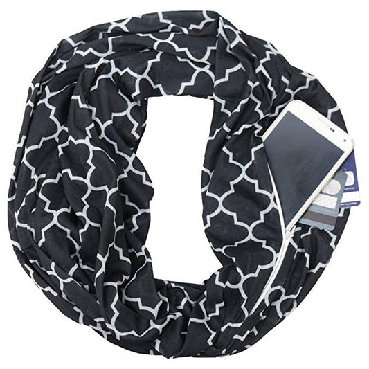 Knitted Infinite Zipper Pocket Scarf Four Petal Flower Print Bib