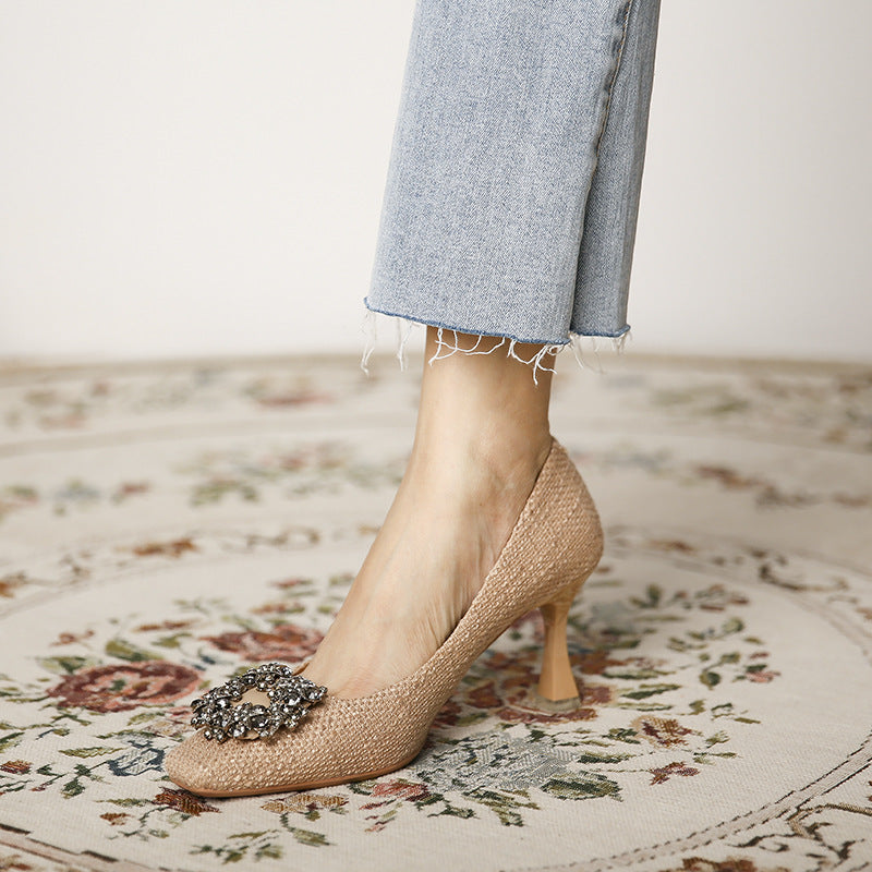 Metal Square Button Square Head High Heels