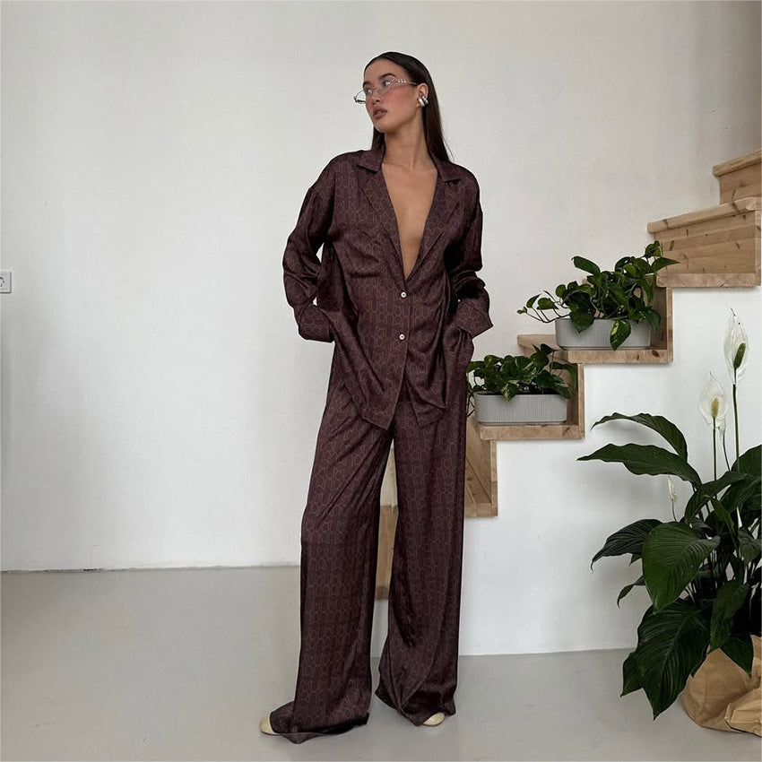 Womens Printed Loose-Fit Long-Sleeve Pajama Set With Pants