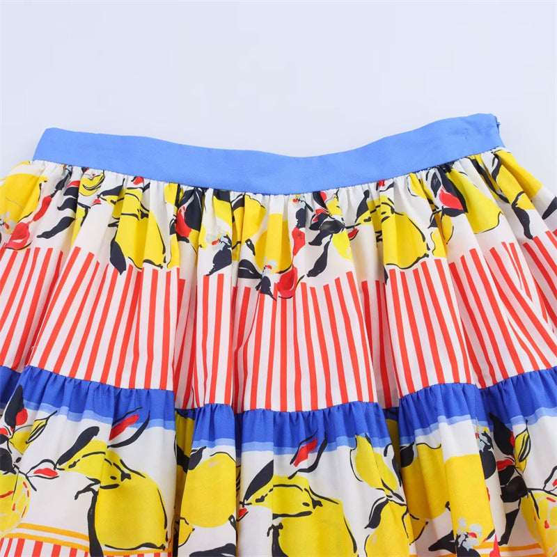 New Summer Contrast Color Lemon Printing Skirt
