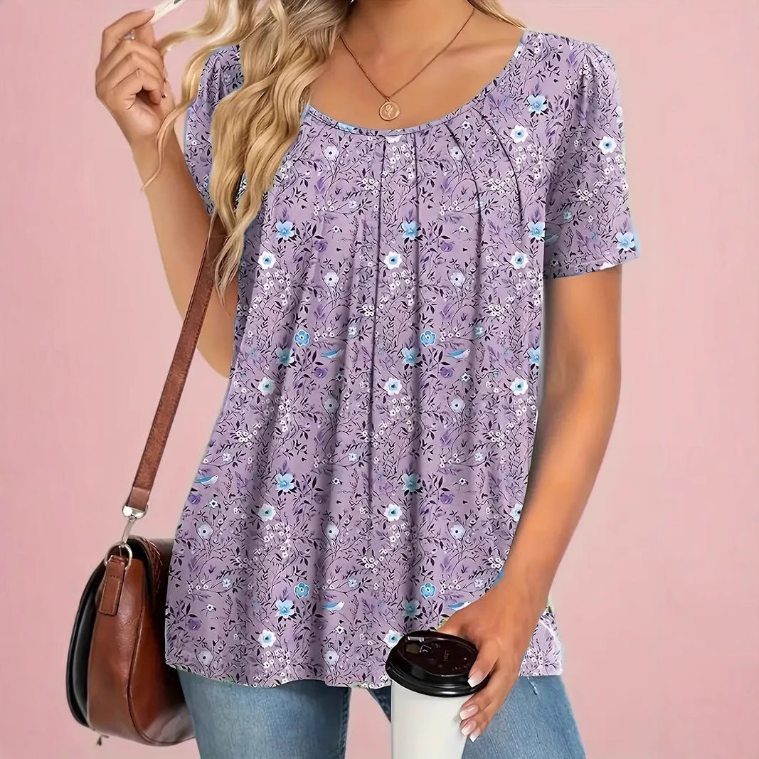 Summer Floral Round Neck Top Short Sleeve
