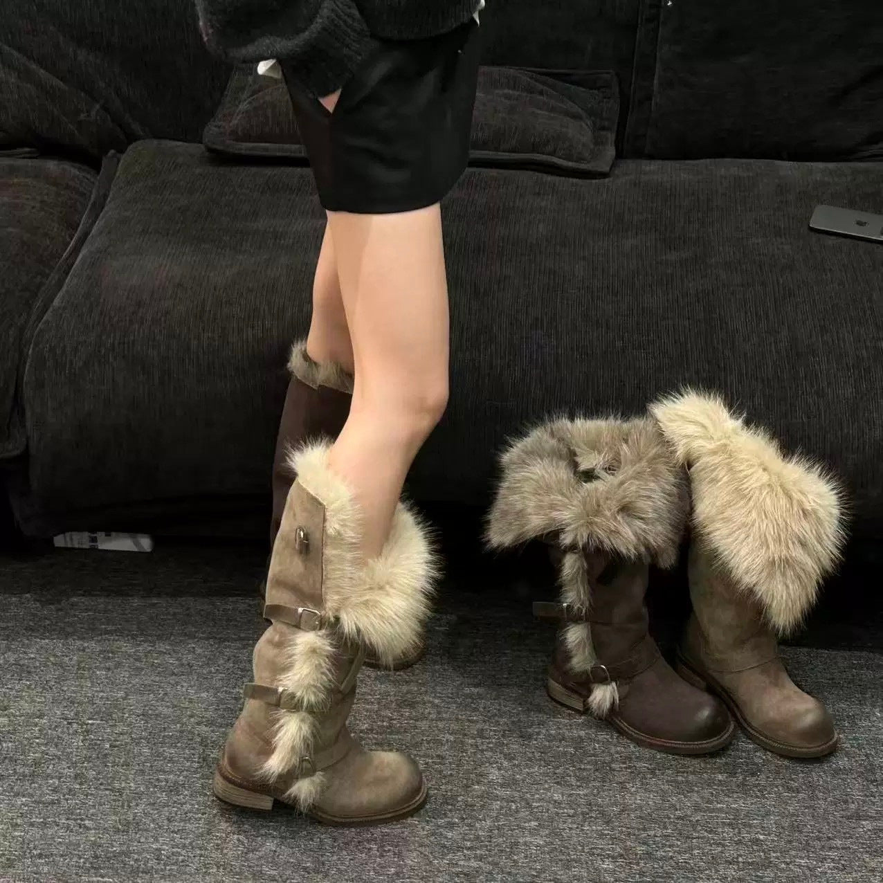 New Winter Retro Chic All-Match Leather-Buckle High-Top Furry Snow Boots For Women
