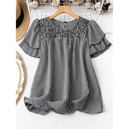 Plaid-print Short-sleeve Crew-neck Top With Trim And Pleats